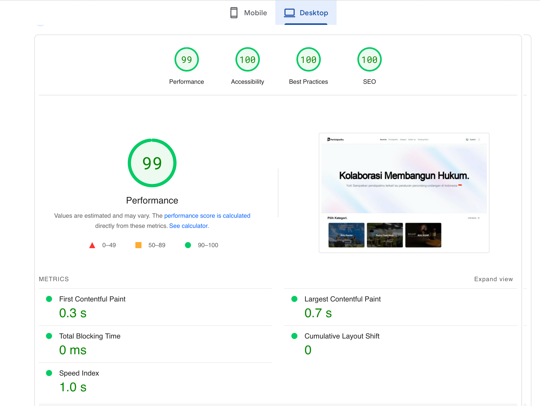 Score untuk Desktop (hosted on Vercel)